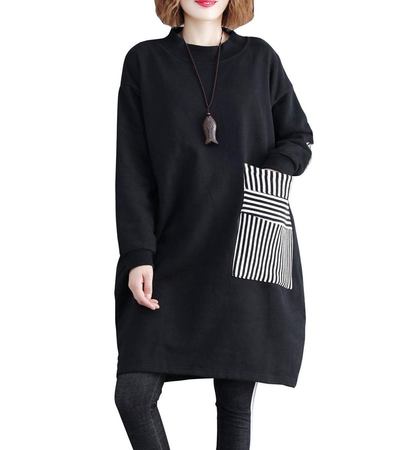 ellazhu Women's Striped Pocket Casual Crewneck Long Sleeve Pullover Sweater Swatershirt GA1271 Black - Image 1